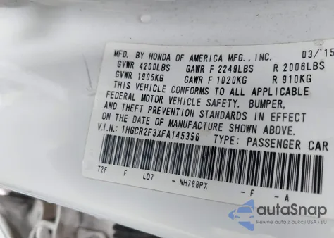 2015 Honda Accord Lx z USA, uszkodzony, nr VIN 1HGCR2F3XFA145356